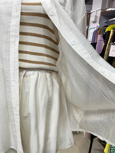 Chiffon Collar Shirt and Short With Stripes Tang Top Sets